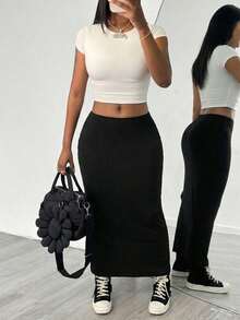 AiTyi Plus Size Skirt, European And American INS Women's Black Sexy Tight-Fitting Long Skirt, Spring/Summer New American Sexy Girl Style Casual Fashion Elegant High-Waisted Elastic Waist A-Line Bodycon Skirt - Black - View 8