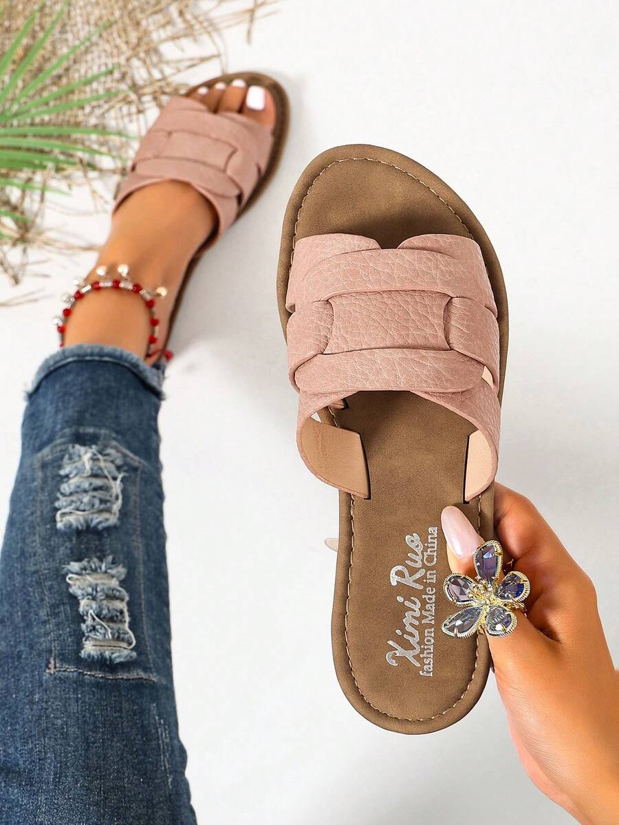 Ximi Ruo Korean Style Casual Flat Slide Sandals, Open Toe, Woven Roman Style, Suitable For Spring, Summer, Beach, Vacation, Dresses, Apartment, Brown Color - Pink - View 1