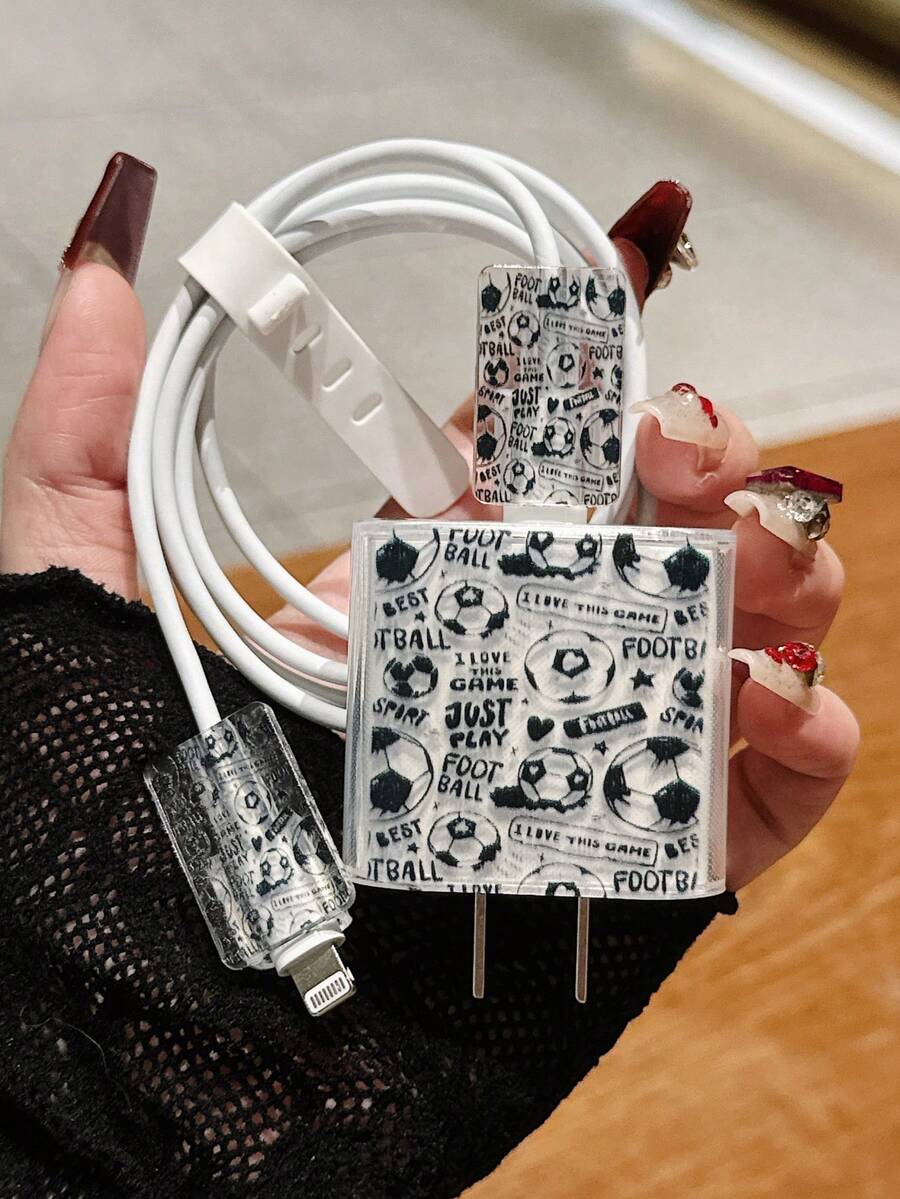 Personalized Black & White Hand-Painted Football Theme Pattern Protective Case Compatible With Apple Data Cable, Charger, 13/14/15 Pro Max - Multicolor - View 1
