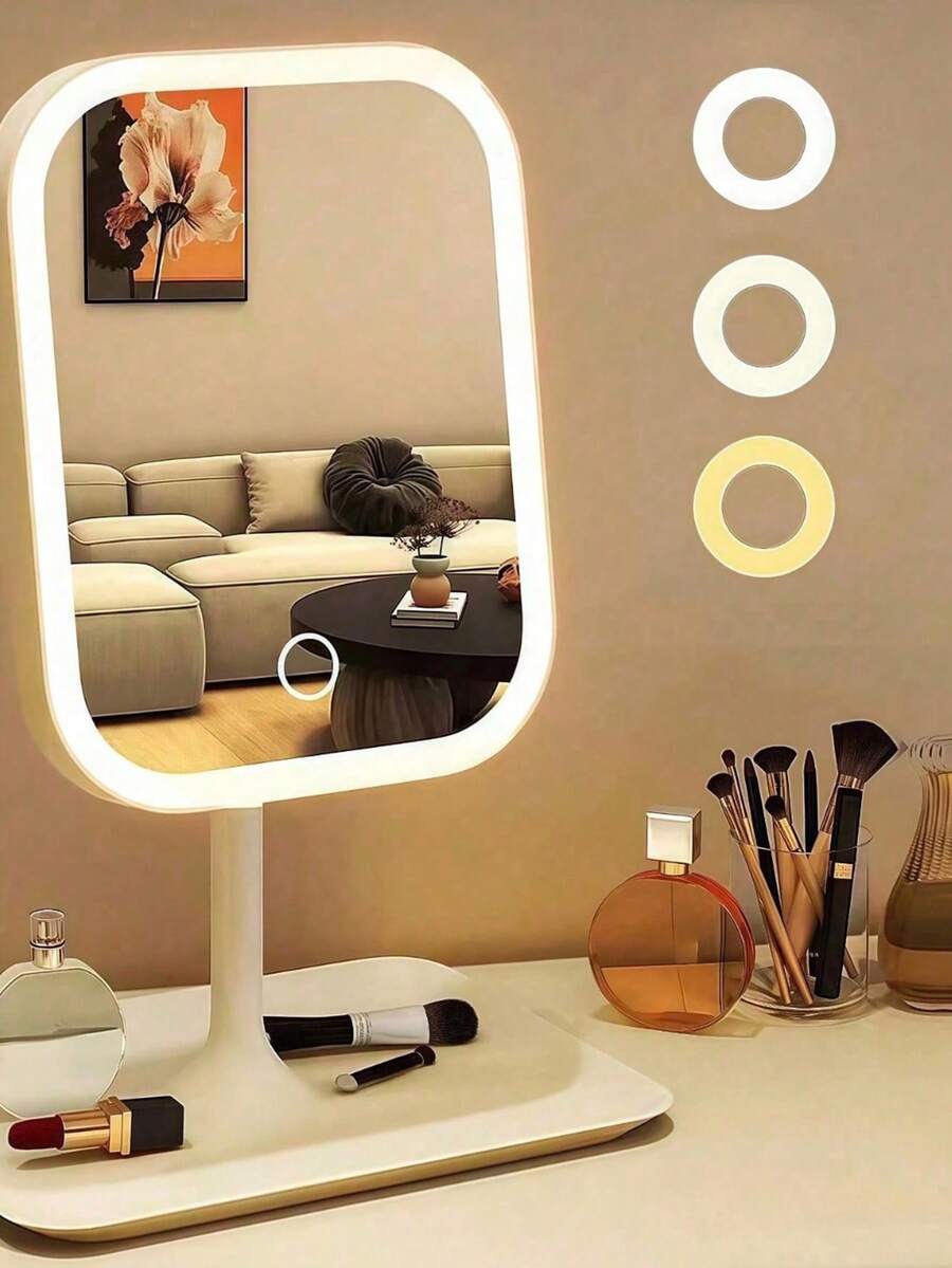 1pc Tri-Color LED Makeup Mirror, Adjustable Brightness, Rechargeable Foldable Portable, Touch Control Modern Style With Front Light, Ideal For Home Decor, Bathroom, Student Dorm Daily Use, Fashionable Design