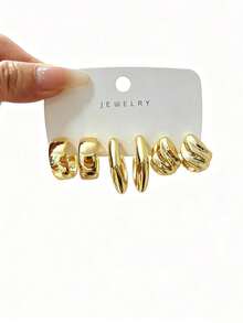 4-16pcs Luxury Gold-Tone Earring Set, Featuring Diamond, Star, Striped C-Shape, And Textured Teardrop Designs. Made Of ABS Resin With Gold Plating, Durable Color, Low Allergy, Suitable For Daily Wear, Dates, Parties, Beaches, Mother's Day, Valentine's Day Gifts - Gold - View 4