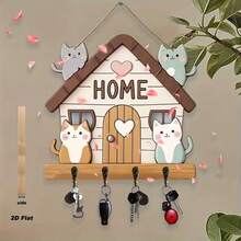 1pc Key Holder With 4 Double Hooks, Decorative Country Style Key Rack, Suitable For Entryway, Hallway, Bedroom, Living Room, Wooden Key Storage Organizer - Multicolor - View 6