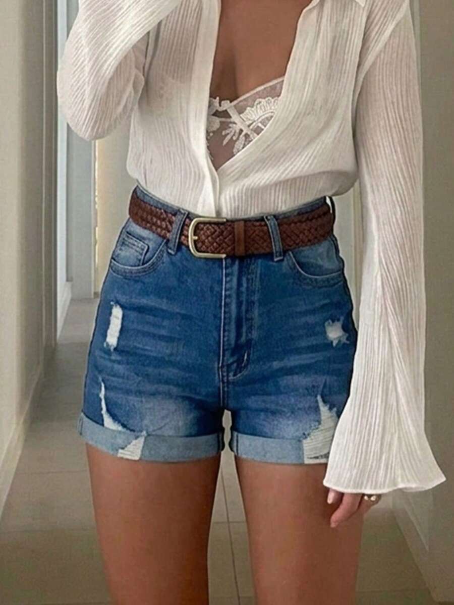 Quần short denim rách rách giản dị có túi cho nữ - Rửa trung bình - Xem 1