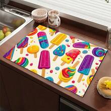 1 pieza Alfombrilla absorbente/secado con estampado de paleta de hielo colorida para cafetera, platos - Alfombrilla protectora absorbente de poliéster para escritorio con almohadilla antideslizante de goma, para decoración de la encimera de la cocina, bar en casa y mesa de comedor - Multicolor - Ver 3