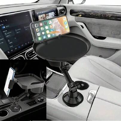 1 cái giá đỡ cốc ô tô màu đen có khay và giá đỡ điện thoại, đế điều chỉnh phù hợp với bảng điều khiển trung tâm và ghế sau, giá đỡ định vị đa năng.