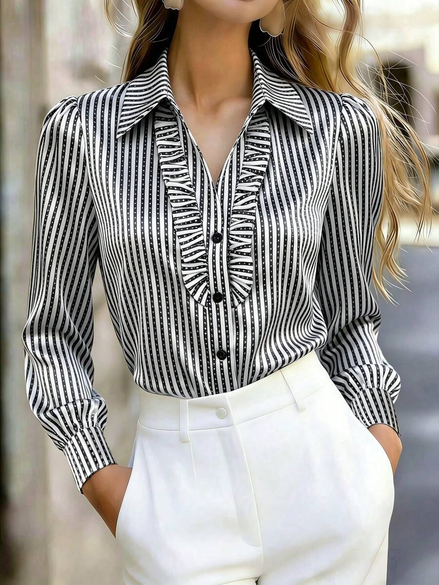 Women's Fashionable Black And White Striped Long Sleeve Ruffle Hem Shirt, Front Button Regular Collar Blouse, Elegant Woven Fabric For Multi-Season Wear - Black and White - View 1