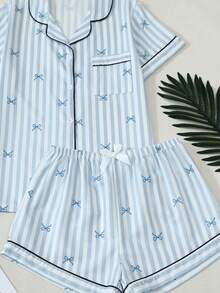 Bộ đồ ngủ nữ tay ngắn và quần short in họa tiết sọc nơ, kiểu dáng phồng, nhăn nhẹ. - Màu xanh lam - Xem 6