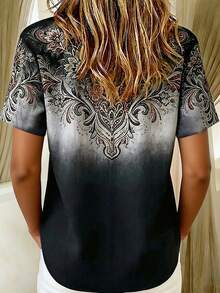 Áo sơ mi nữ size lớn phong cách vintage phương Tây, họa tiết in, cài nút, tay ngắn, kiểu blouse đi du lịch, màu đen - màu đen - Xem 2