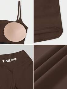 TimeOff 女款純色細肩帶可拆式胸墊背心搭配直筒垂墜長褲休閒基礎健身瑜伽跑步運動套裝 - 摩卡棕 - 查看 5