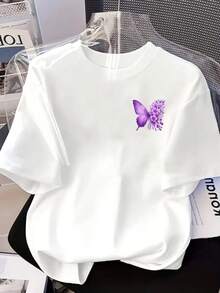 Short Sleeve Printed T-Shirt With Front And Back Patterns - Purple Butterfly, Floral Pattern - Fashion Women's Printed T-Shirt For Spring/Summer, Your Best Choice! - White - View 4