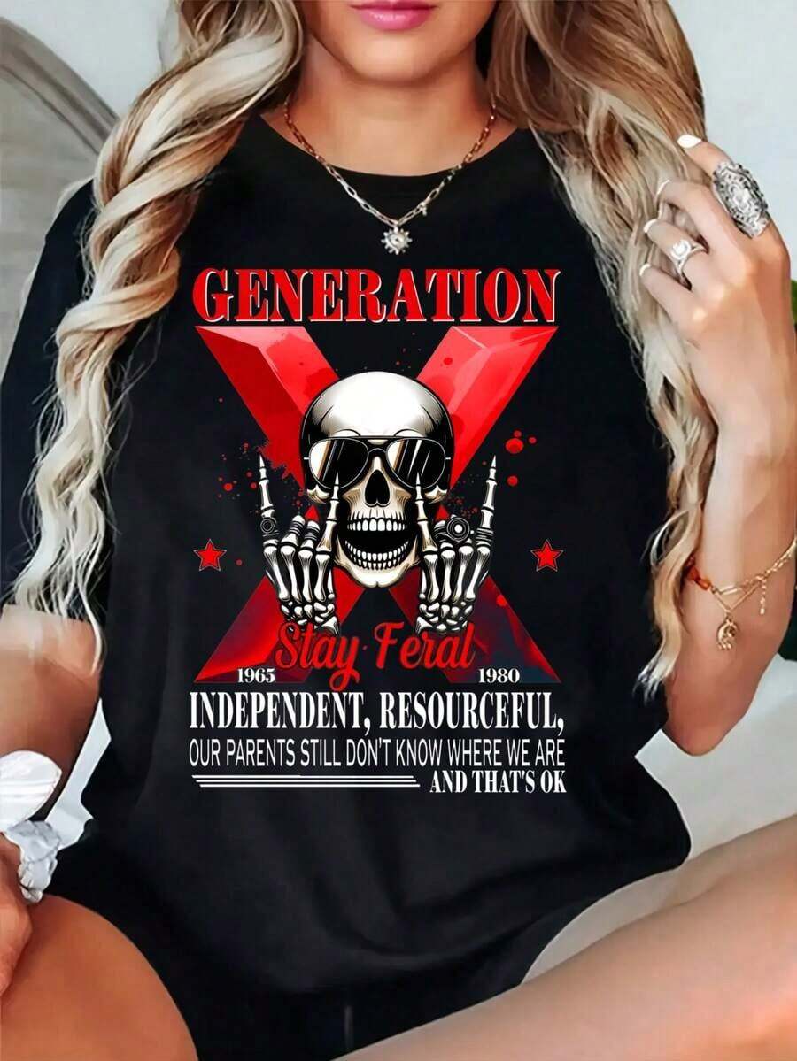 Women's Black And White Crew Neck Graphic Print Cotton T-Shirt, Versatile And Suitable For Streetwear, Everyday Wear, Camping, Concerts, And Hip-Hop, Rock, And Rap Events. A Great Option For Generation X, Featuring A Skull Hand Design, This Casual, Loose-Fitting, Oversized Short-Sleeve Tee Is Perfect For Spring, A Basic Tee For Summer, And Makes A Great Gift For Women. - 黑色 - 查看 1