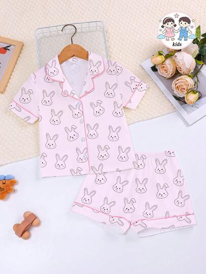 2pcs Easter Cute Bunny Print Girl's Polo Collar Button Short Sleeve Top + Elastic Waist Shorts Set, Comfortable Breathable Flame Retardant Fabric, Ideal Holiday Gift For Children 3+ Years Old