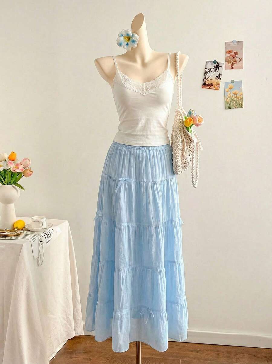 Temptaria Chân váy midi dáng chữ A rộng rãi, thanh lịch, cạp cao, trang trí nơ, kiểu vintage ngọt ngào dành cho nữ, thích hợp cho mùa xuân.