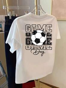 Football Day Short Sleeve T-Shirt With Front And Back Print - Football Themed Print - Women's Spring/Summer Print T-Shirt, Fashion Item. - White - View 3