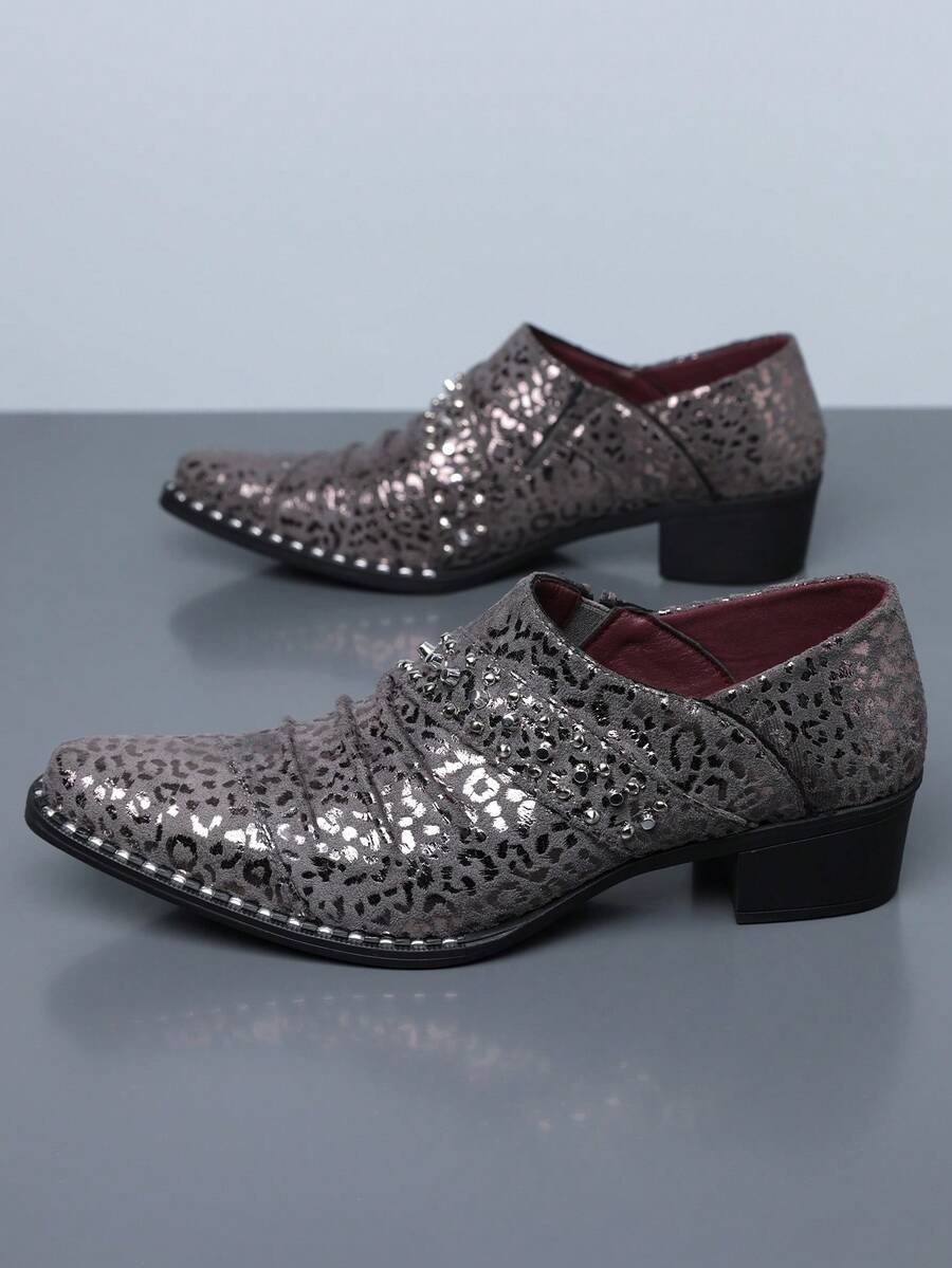 QRLQRL 1 Pair Men's Pointed Toe Low-Top Loafers, Decorated With Rivets, PU Upper, Rubber Sole, Flat Heel Design, Suitable For Business Casual And Daily Wear - Grey - View 1