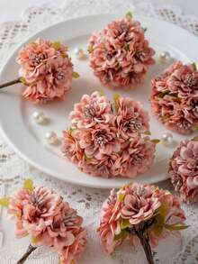 1pc (6 Heads) Mini Artificial Carnation Silk Pom Pom Flower Headpiece Fake Plant Autumn Wedding Candy Box Decoration Vase Home Restaurant Bedroom Decor Holiday Birthday Party Outdoor Garden Decoration - Red Bean Paste Powder - View 7