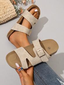 Ximi Ruo Light Grey Suede Double Buckle Thick Sole Slide Sandals For Women, Retro Open Toe Soft Bottom Slip-On Casual Shoes, French Chic Versatile Breathable Lightweight Comfortable For Beach, Home, Commute, Travel - Beige - View 5