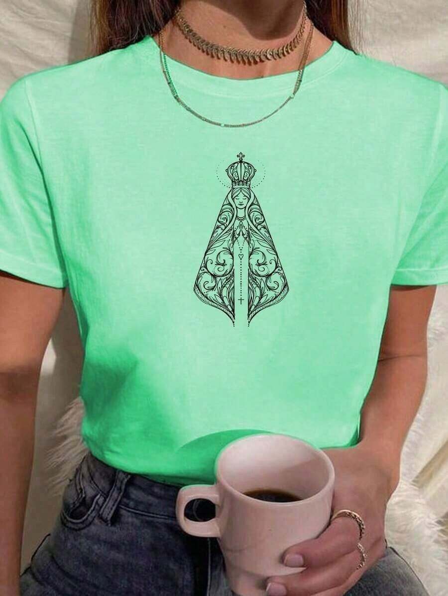 Camiseta Baby Look T Shirt Nossa Senhora Minimalista Religião Fé Maria Aparecida Estampada Várias Cores 100% Algodão - Verde Menta - Visão 1