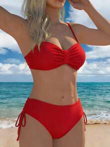 Set Bikini Wanita Musim Panas Motif Bunga Seluruh Permukaan dengan Tali Bahu Tipis, 2 Potongan, Warna Merah untuk Liburan. - Merah - View 3
