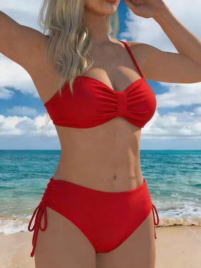 Bikini da donna a due pezzi con stampa floreale su tutto, con spalline sottili, per spiaggia e vacanze, colore rosso