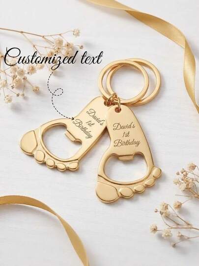 Personalized Baby Footprint Bottle Opener, Customized Baby Shower Supplies, 1st Birthday, Gold Baby Footprint Keychain, Engraved Beer Bottle Opener Bulk