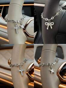 Cadena decorativa para volante de coche con adornos de cruz y estrella, ornamento interior de coche con cuentas de cristal brillante, accesorio de auto gótico lindo para niñas, estética Y2K - Varios - Ver 2