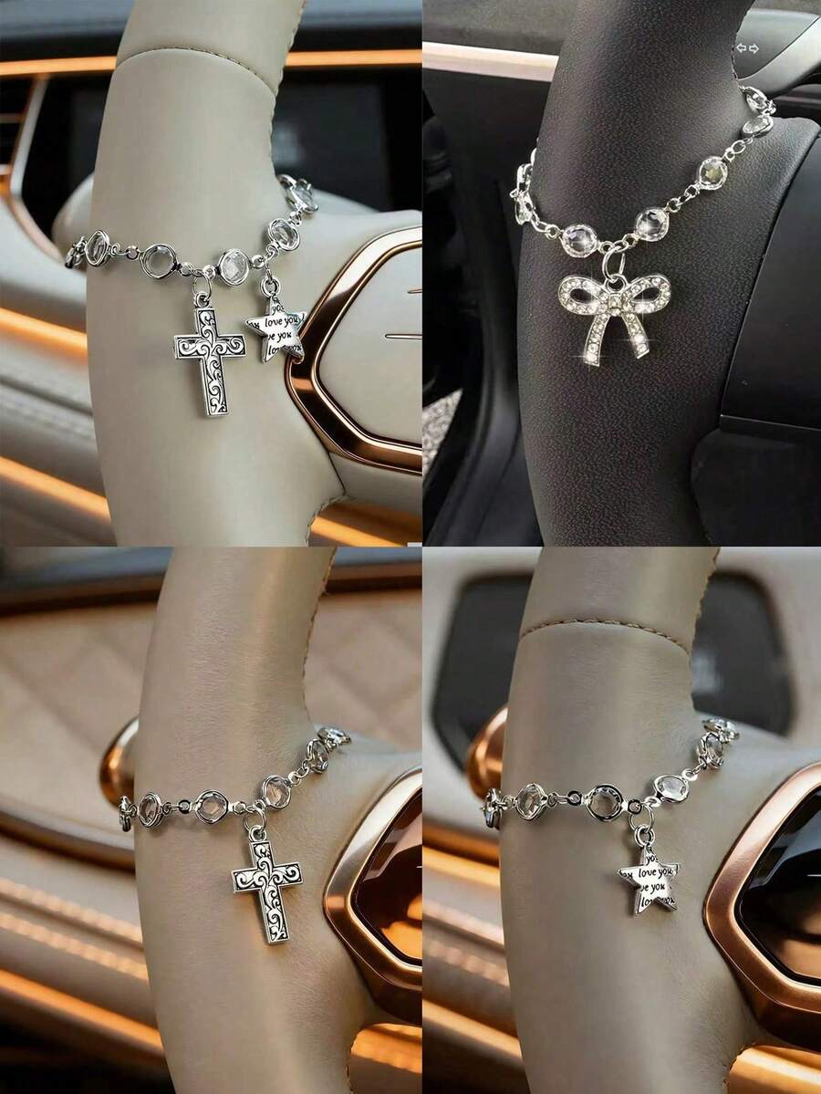 Cadena decorativa para volante de coche con adornos de cruz y estrella, ornamento interior de coche con cuentas de cristal brillante, accesorio de auto gótico lindo para niñas, estética Y2K