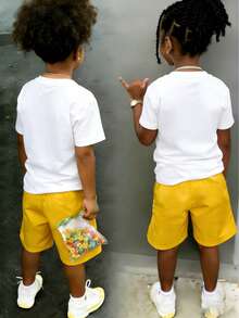Young Boy Letter Print Crew Neck Short Sleeve T-Shirt And Pocket Shorts Set - Yellow - View 2