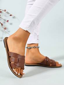 Ximi Ruo Korean Style Casual Flat Slippers, Brown Color, Holiday Essential, Women's Shoes, Open Toe Sandals For Spring, Summer, Suitable For Dresses - Brown - View 3