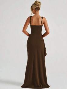Vestido ajustado elegante y sexy con abertura, adecuado para fiestas, banquetes, vacaciones y uso diario, vestido azul de boda - Marrón - Ver 4