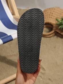 Flat Sandals, Colorful Fringed Edge Fabric Flat Beach Slippers, Summer - Navy Blue - View 7