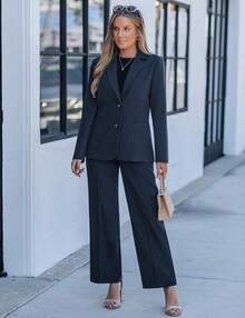 Women Professional Business Casual 2 Piece Pants Suit Dressy Long Sleeve Office Work Blazer Set - Charcoal - 查看 9