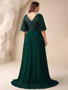 Plus Size Elegant V-Neck Ruffle Sleeve Sequin Patchwork Chiffon Ruffle Hem Maxi Dress, Suitable For Party, Wedding Guest, Formal Occasion, Gala, Bridal Shower, Birthday Party, Graduation Ceremony Spring - Dark Green - View 2