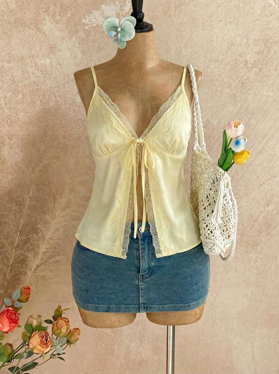 Temptaria Solid Color Patchwork Lace-Up Camisole, Casual Elegant, Suitable For Beach Vacation, Spring/Summer Wear - Yellow - View 1