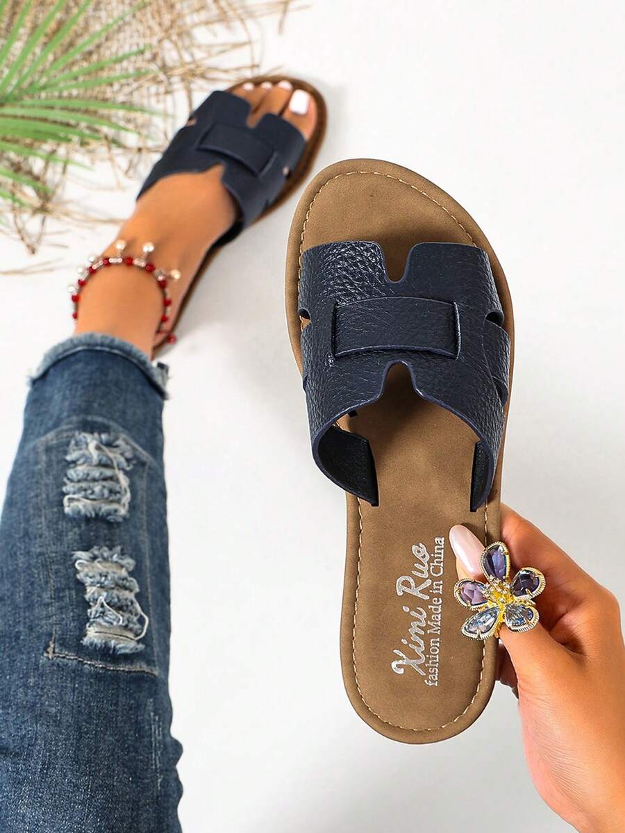 Ximi Ruo Korean Style Casual Flat Slippers, Women's Shoes, Open Toe Sandals For Spring, Summer, Suitable For Dresses, Beach, Apartment, Brown Color - Navy Blue - View 1