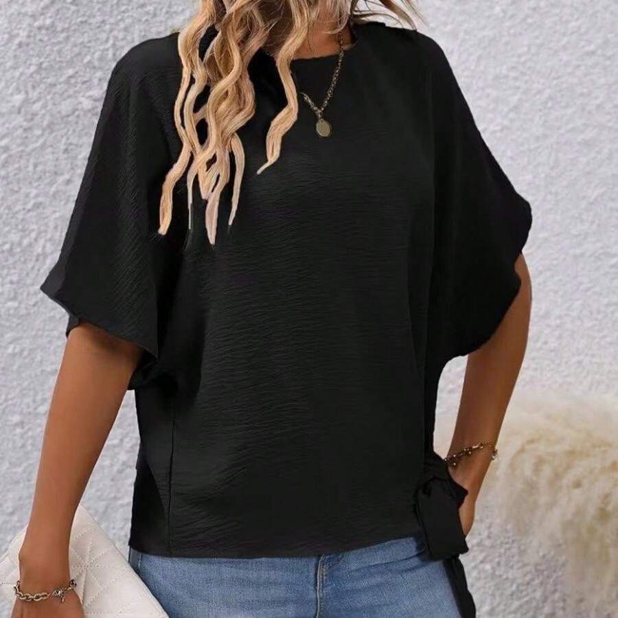 Women's Vacation Textured Tie-Up Solid Color Minimalist Shirt - Black - View 1