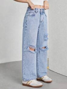 Quần jeans ống rộng dáng suông rách, quần denim ống đứng rách phong cách đường phố, đa năng. - Rửa nhẹ - Xem 14