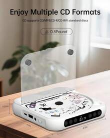 Reproductor de CD portátil ENVYCLOUD con altavoces estéreo duales, reproductor portátil recargable con para el hogar con auriculares, compatible con CD/AUX/USB, blanco. - Ver 6