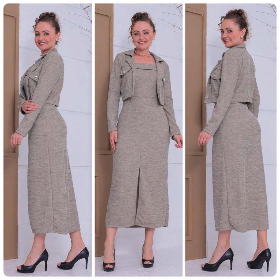 Autumn Chic Set: Long Dress With Slit + Elegant Jacket – Sophistication That Warms With Style ✨ Elegant Casual Knit Fabric Daily Formal And Evening Autumn - 米色 - 查看 1