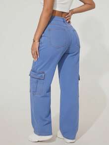 Pantalon wide leg tipo cargo de dama de mezclilla stretch holgado y comodo | Jean para mujer de pierna ancha con bolsillos laterales y algodon elastico premium diseño urbano y suave | Pantalon vaquero moderno de caida fluida con tecnologia de estiramiento y acabado de alta calidad tallas 3 5 7 9 11 13 15 | Ropa de mujer resistente y flexible ideal para oficina o uso diario mas de 10 lavados disponibles | Jean de mezclilla funcional con costuras reforzadas y ajuste perfecto para dama - Celeste - Ver 3