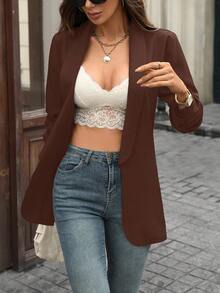 Women's Solid Color Minimalist Casual Lightweight Summer Blazer, Fashionable Elegant Lapel Fitted Summer Jacket Spring - Brown - View 7
