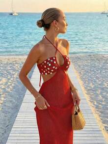 Vestido de mujer minimalista y elegante de cuello halter, estilo casual y chic, para primavera/verano y vacaciones en la playa - Sello - Ver 4