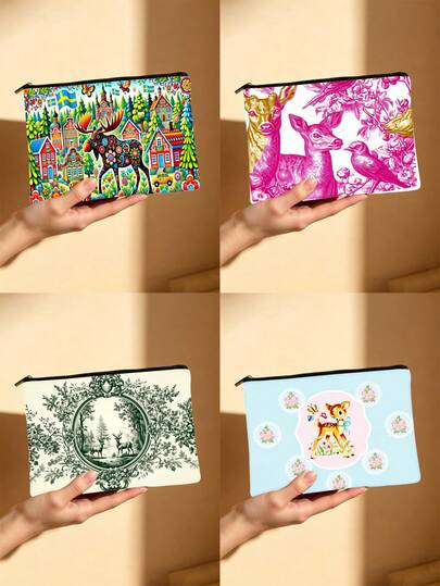Forest Animal & Floral Print Makeup Pouch, Whimsical Nature & Deer Cosmetic Bag