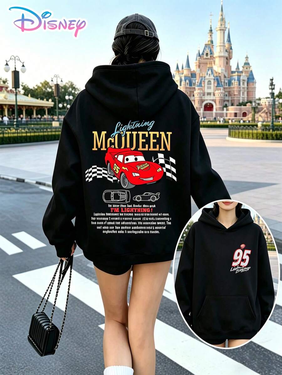 Disney Y2K Style Printed Hoodie, Retro Lightning McQueen #95 Racing Car Pattern Hoodie, Perfect For Autumn And Winter, Stylish Black, And A Great Choice For Holiday Gifts. (Women's Autumn/Winter Clothing/Elegant Women's Outfits/Patterned Hoodies/Printed Tops/Casual Outfits For Women/Women Trending Now/Holiday Co-Ord/Plus Size Friendly) - màu đen - Xem 1