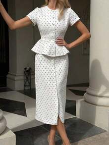 Women's Elegant Polka Dot Ruffle Trim Top And Mid-Length Skirt 2-Piece Set, Round Neck Button Front, Casual Cute Bohemian Style, Non-Stretch Fabric For Summer White TUVY - 白色 - 查看 1