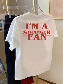 Short Sleeve T-Shirt With Front And Back Print - "I'M A STRANGER FAN," A Print For Fans Of "" - Women's Printed T-Shirt For Spring/Summer, A Fashion Item. - White - View 1