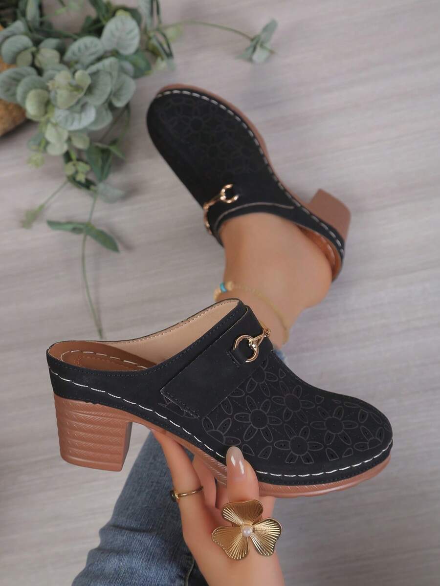 Women's Block Heel Mules, Slip-On Closed Toe Backless Loafers With Metal Buckle, Comfort Suede Chunky Heel Slide Sandals For Casual Office & Daily Wear - Black - View 1