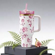 40oz Floral Print Insulated Tumbler With Handle & Straw, Stainless Steel Water Bottle - White - View 2
