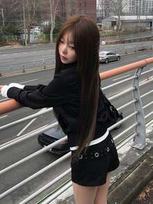 Women's Korean Style Fitted Pleated Zip-Up Casual Jacket - Black - View 6