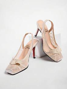 Giày cao gót ren đen, sandal hở mũi một quai thắt nơ gợi cảm dành cho nữ - Màu be - Xem 8